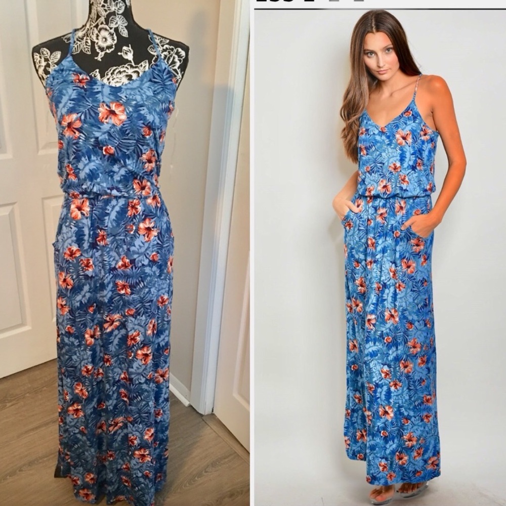 Blue Floral Maxi Dress - V-neck with pockets